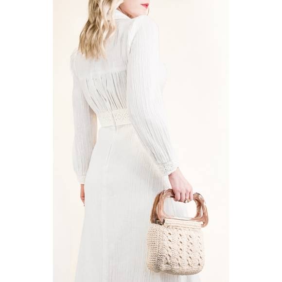 70s Ivory Cotton Gauze Crochet Trim VTG Maxi Dress - Picture 12 of 16